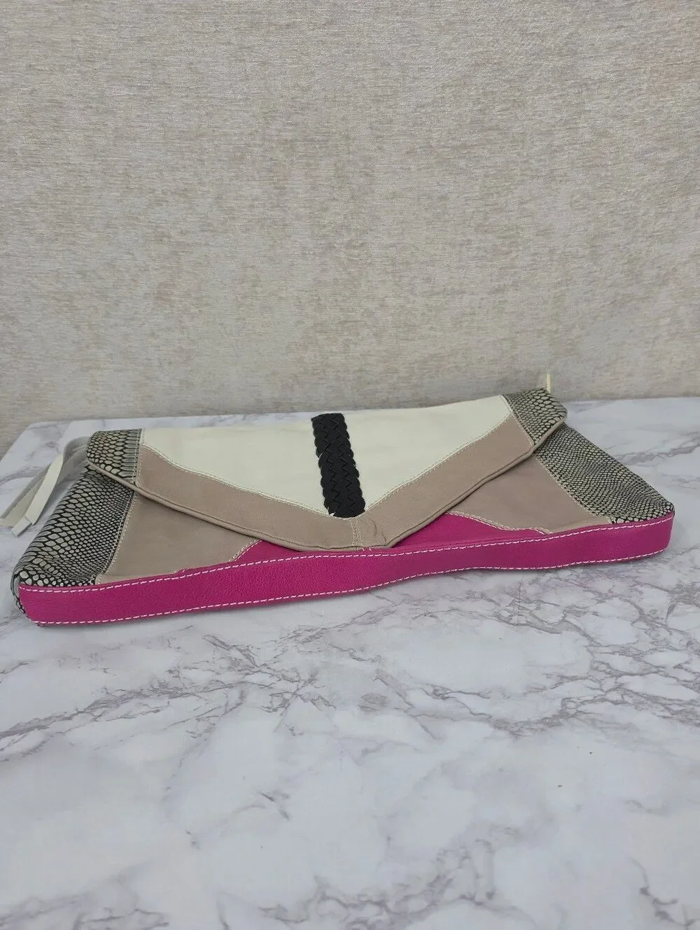 Foley & Corinna Colorblock Leather Clutch Bag in Cream Taupe Fuchsia Snakeskin